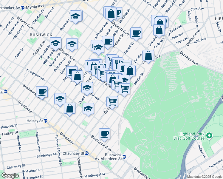 map of restaurants, bars, coffee shops, grocery stores, and more near 220 Schaefer Street in Brooklyn