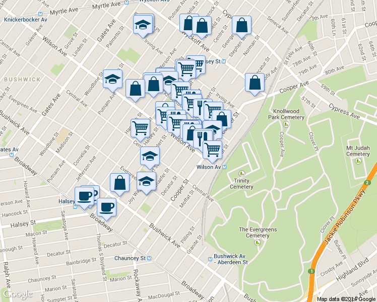 map of restaurants, bars, coffee shops, grocery stores, and more near 220 Schaefer Street in Brooklyn