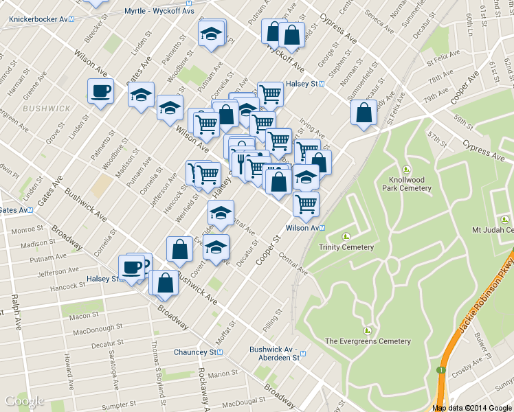 map of restaurants, bars, coffee shops, grocery stores, and more near 574 Wilson Avenue in Brooklyn