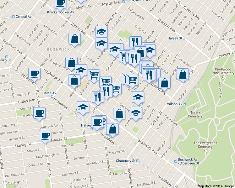 map of restaurants, bars, coffee shops, grocery stores, and more near 1150 Hancock Street in Brooklyn