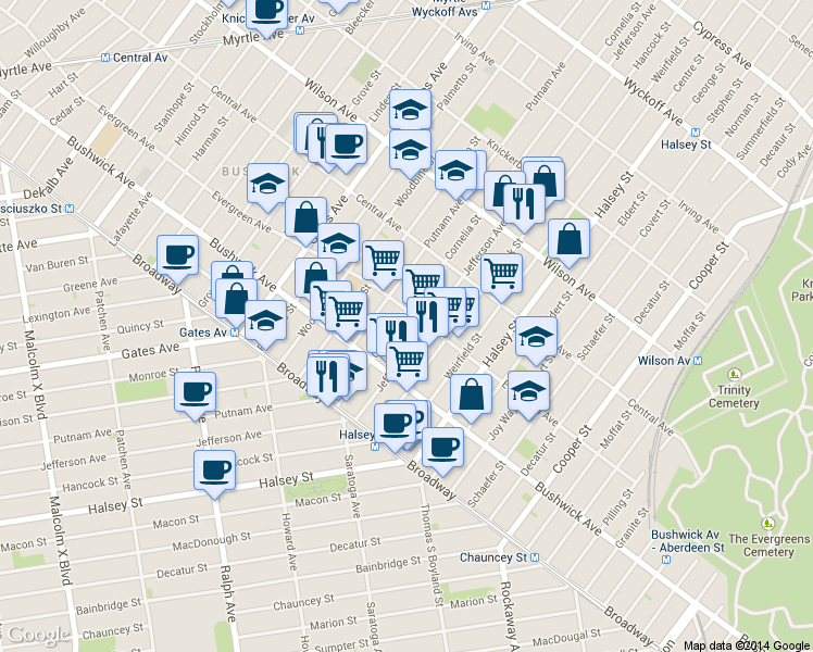map of restaurants, bars, coffee shops, grocery stores, and more near 521 Evergreen Avenue in Brooklyn