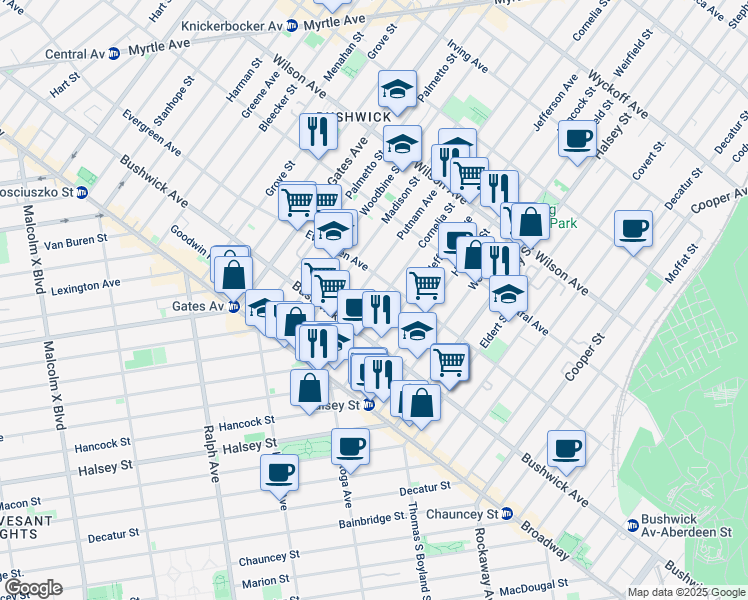 map of restaurants, bars, coffee shops, grocery stores, and more near 521 Evergreen Avenue in Brooklyn