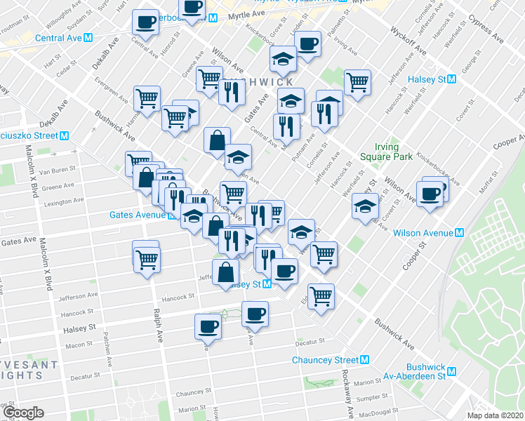 map of restaurants, bars, coffee shops, grocery stores, and more near 1052 Madison Street in Brooklyn