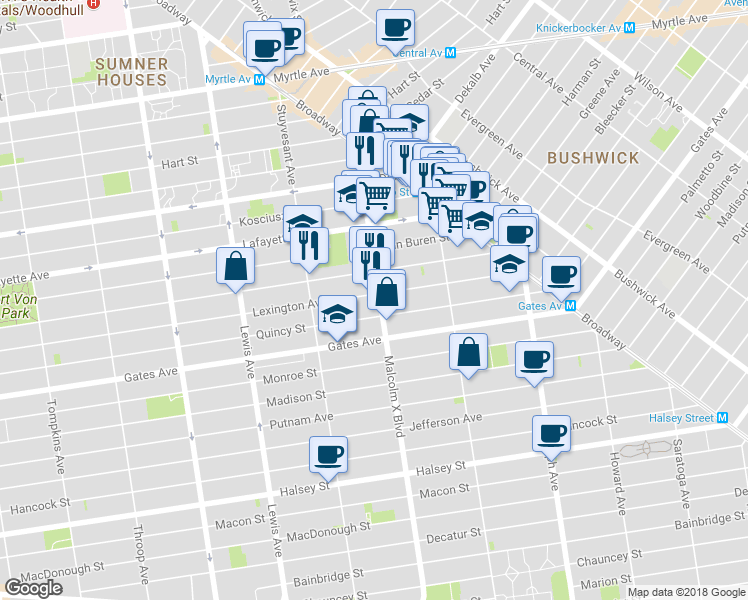 map of restaurants, bars, coffee shops, grocery stores, and more near 91A Malcolm X Boulevard in Brooklyn