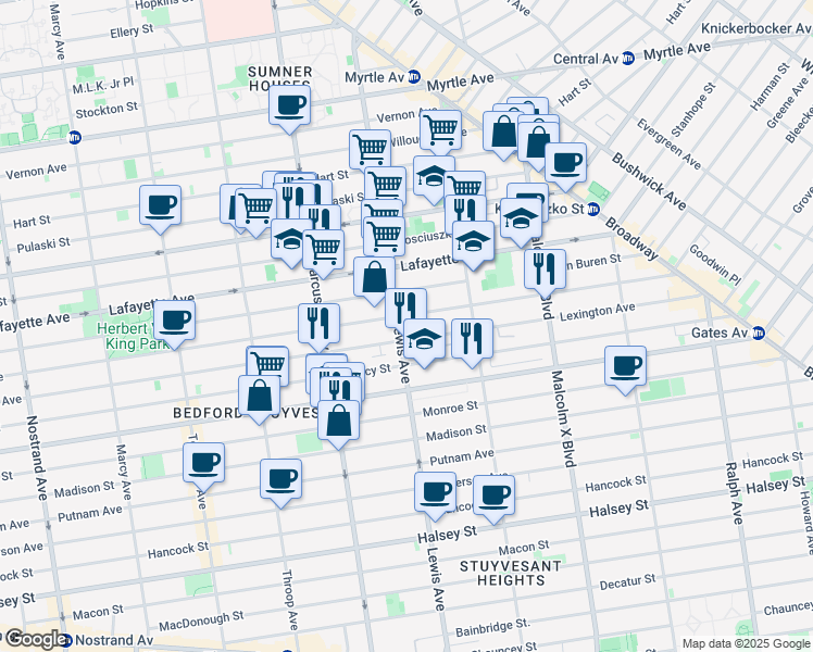 map of restaurants, bars, coffee shops, grocery stores, and more near 181 Lewis Avenue in Brooklyn