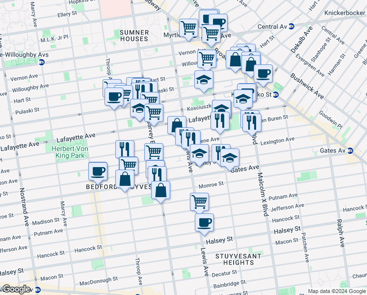 map of restaurants, bars, coffee shops, grocery stores, and more near 181 Lewis Avenue in Brooklyn