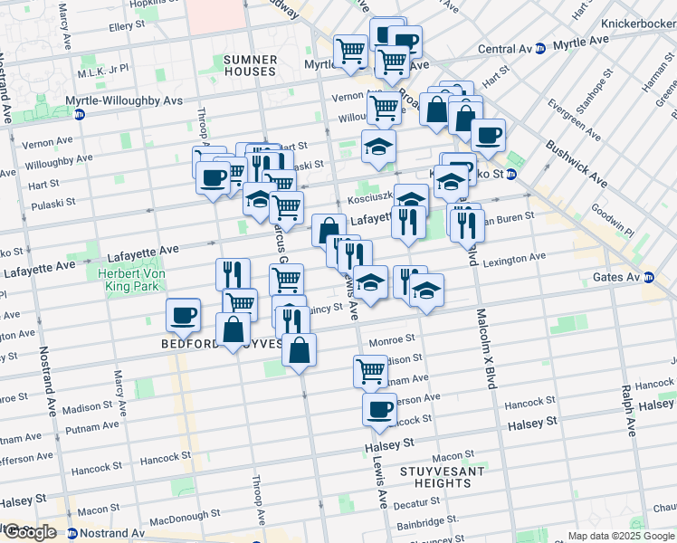 map of restaurants, bars, coffee shops, grocery stores, and more near 181 Lewis Avenue in Brooklyn