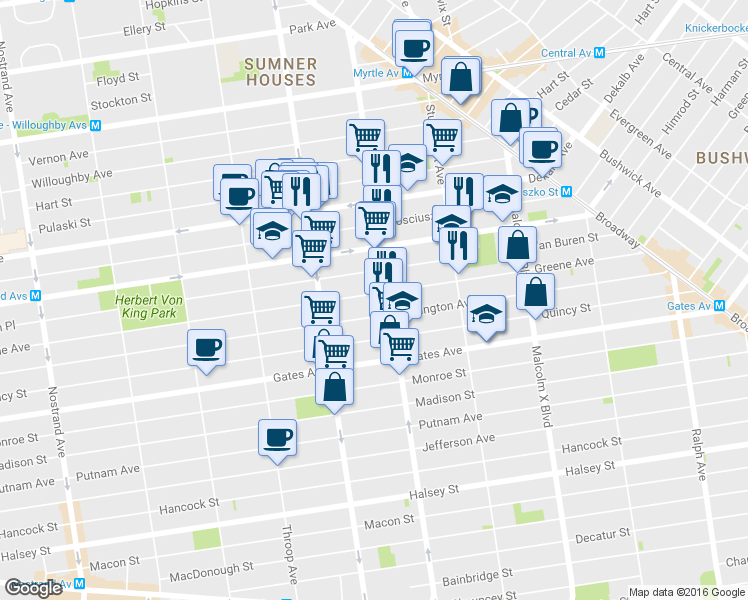 map of restaurants, bars, coffee shops, grocery stores, and more near 181 Lewis Avenue in Brooklyn