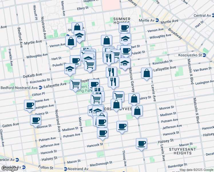 map of restaurants, bars, coffee shops, grocery stores, and more near 728 Lafayette Avenue in Brooklyn