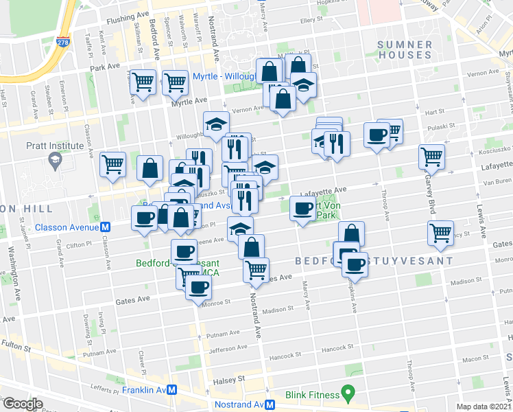 map of restaurants, bars, coffee shops, grocery stores, and more near 114 Kosciuszko Street in Brooklyn