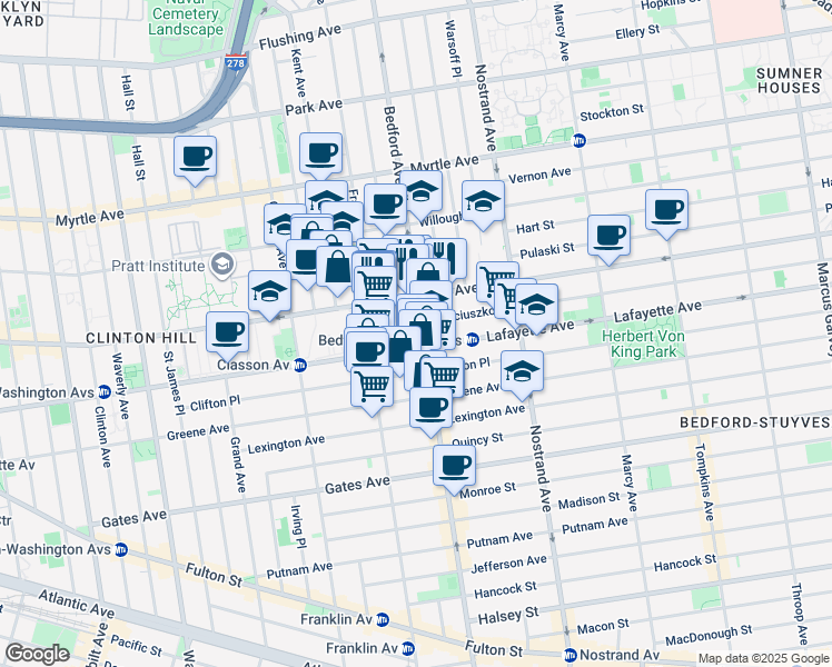 map of restaurants, bars, coffee shops, grocery stores, and more near 996 Bedford Avenue in Brooklyn