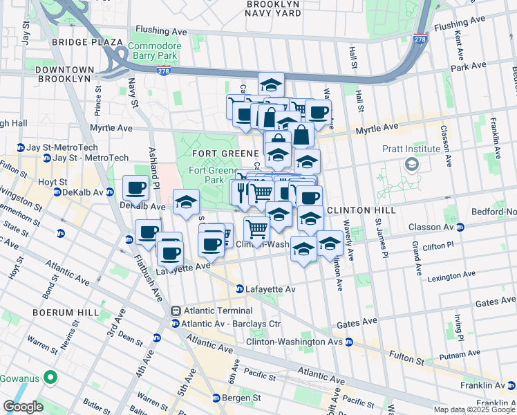 map of restaurants, bars, coffee shops, grocery stores, and more near 242 Carlton Avenue in Brooklyn