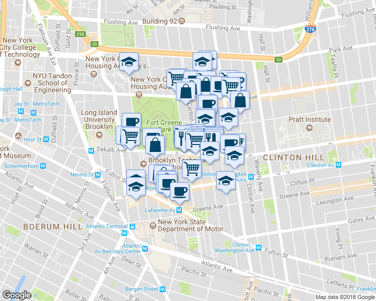 map of restaurants, bars, coffee shops, grocery stores, and more near 242 Carlton Avenue in Brooklyn