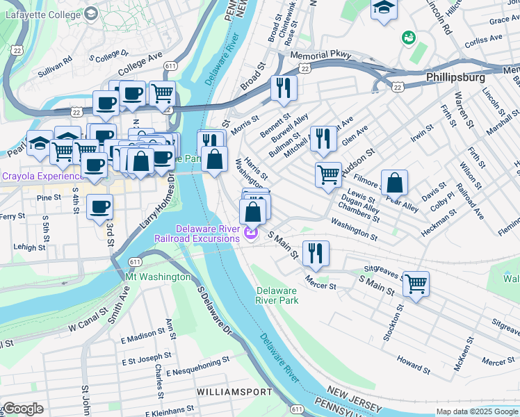map of restaurants, bars, coffee shops, grocery stores, and more near 116 Washington Street in Phillipsburg