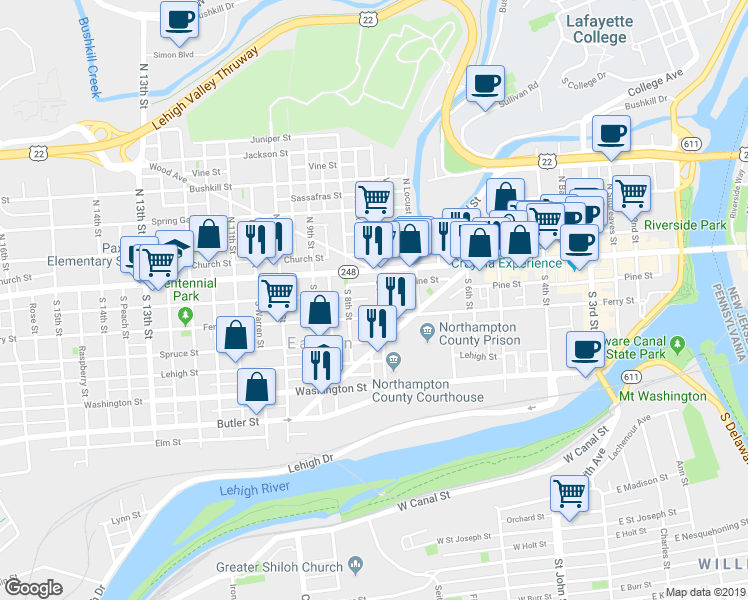 map of restaurants, bars, coffee shops, grocery stores, and more near 726 Northampton Street in Easton