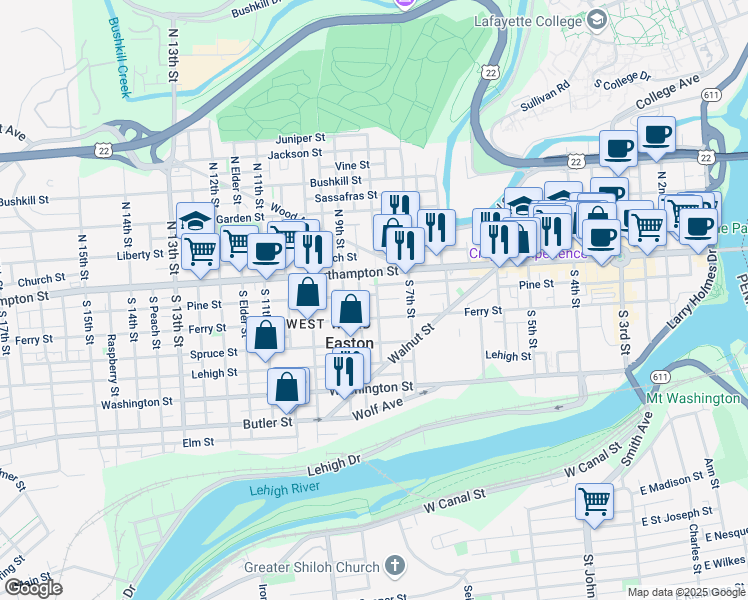 map of restaurants, bars, coffee shops, grocery stores, and more near 726 Northampton Street in Easton