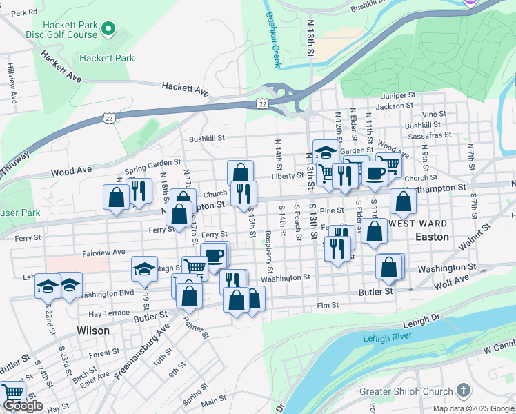 map of restaurants, bars, coffee shops, grocery stores, and more near 1427 Northampton Street in Easton