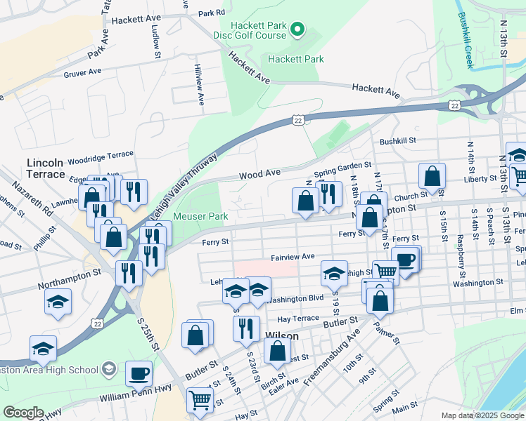 map of restaurants, bars, coffee shops, grocery stores, and more near 30 North 21st Street in Easton