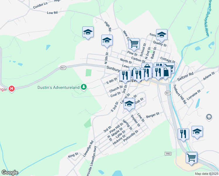 map of restaurants, bars, coffee shops, grocery stores, and more near 243 Middle Street in Minersville