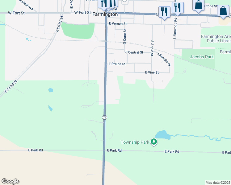 map of restaurants, bars, coffee shops, grocery stores, and more near 701 South Main Street in Farmington