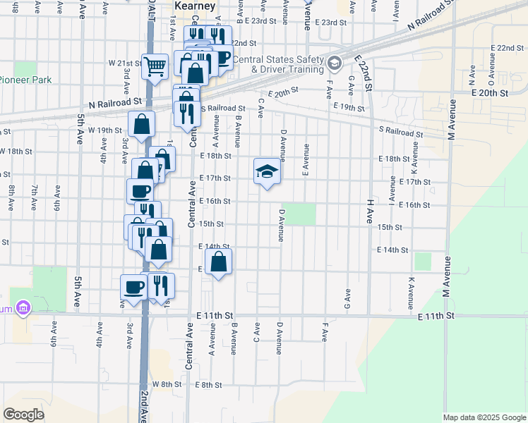 map of restaurants, bars, coffee shops, grocery stores, and more near 22 East 16th Street in Kearney