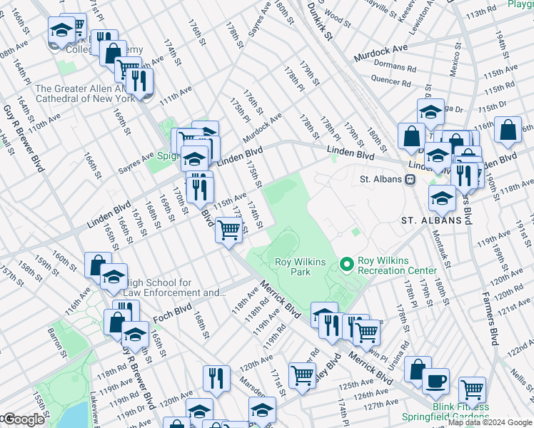 map of restaurants, bars, coffee shops, grocery stores, and more near 115-18 175th Street in Queens