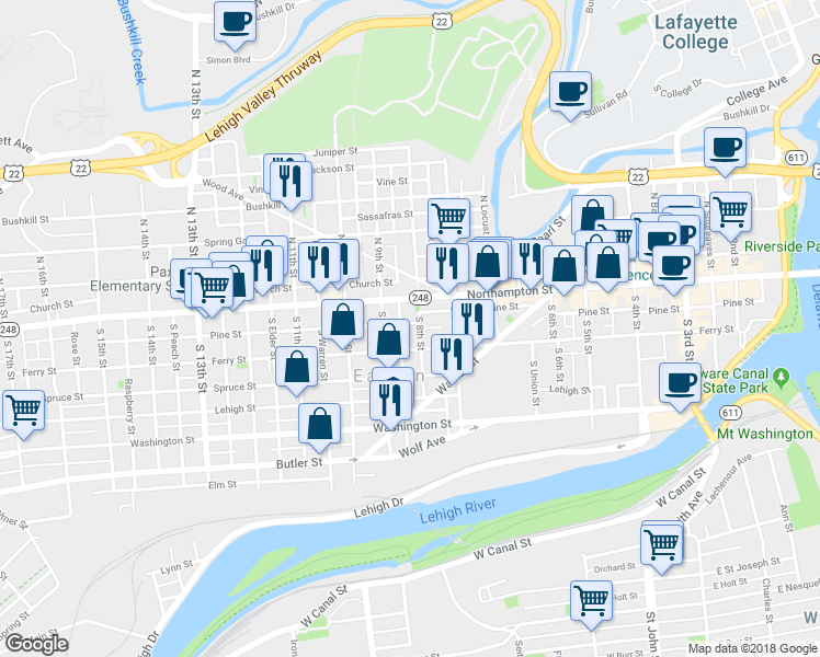 map of restaurants, bars, coffee shops, grocery stores, and more near 808 Pine Street in Easton