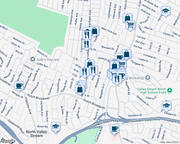 map of restaurants, bars, coffee shops, grocery stores, and more near in Elmont