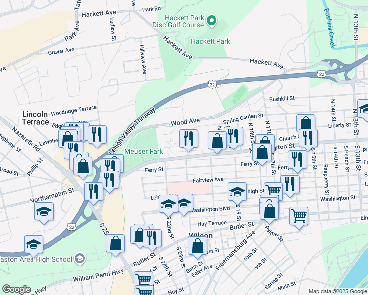 map of restaurants, bars, coffee shops, grocery stores, and more near 20 North 21st Street in Easton