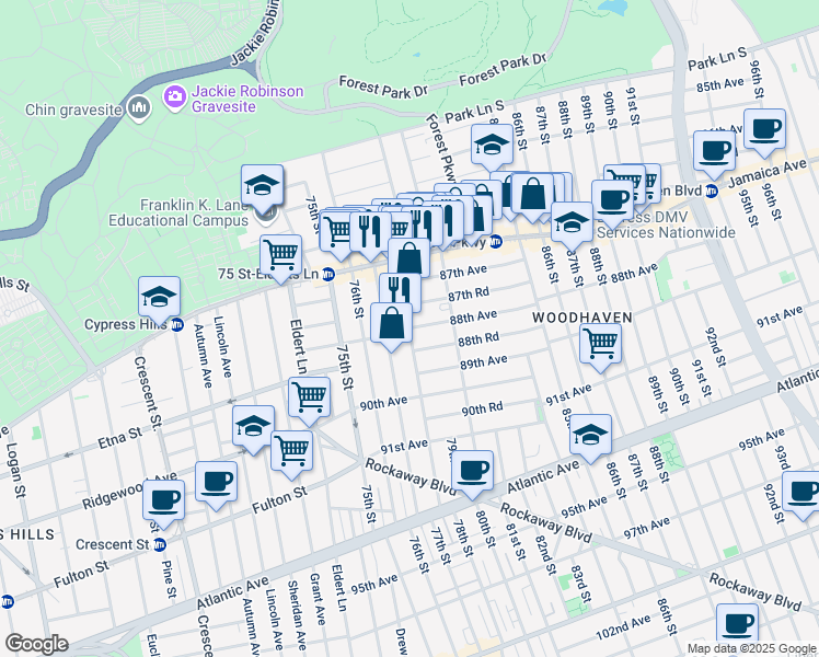 map of restaurants, bars, coffee shops, grocery stores, and more near 78th St & 88th Ave in Queens