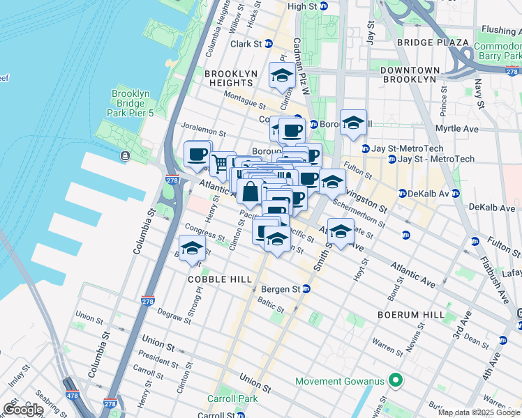 map of restaurants, bars, coffee shops, grocery stores, and more near 166 State Street in Brooklyn