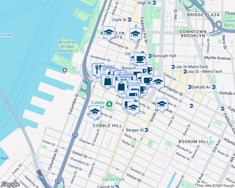 map of restaurants, bars, coffee shops, grocery stores, and more near 151 Atlantic Avenue in Brooklyn