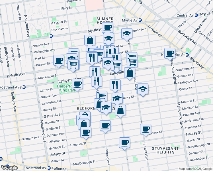 map of restaurants, bars, coffee shops, grocery stores, and more near 121 Van Buren Street in Brooklyn