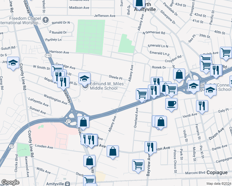 map of restaurants, bars, coffee shops, grocery stores, and more near 29 Brewster Lane in Amityville