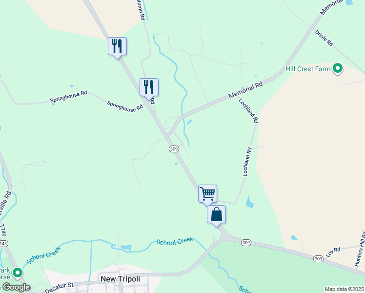 map of restaurants, bars, coffee shops, grocery stores, and more near 7099 Pennsylvania 309 in New Tripoli