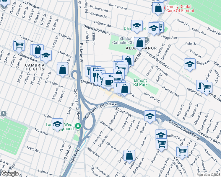 map of restaurants, bars, coffee shops, grocery stores, and more near 11711 240th Street in Elmont