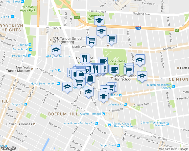 map of restaurants, bars, coffee shops, grocery stores, and more near 90 Dekalb Avenue in Brooklyn