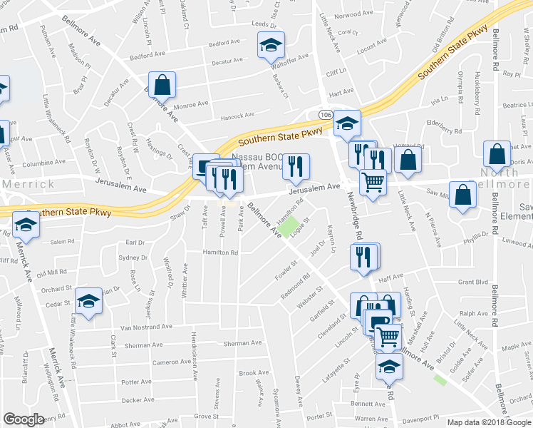 map of restaurants, bars, coffee shops, grocery stores, and more near 1241 Bellmore Avenue in Bellmore