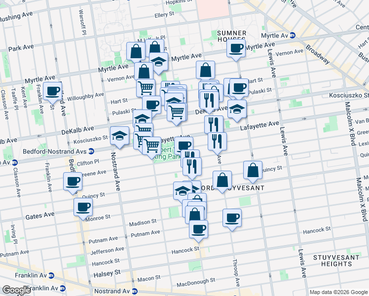 map of restaurants, bars, coffee shops, grocery stores, and more near Tompkins Ave & Van Buren St in Brooklyn