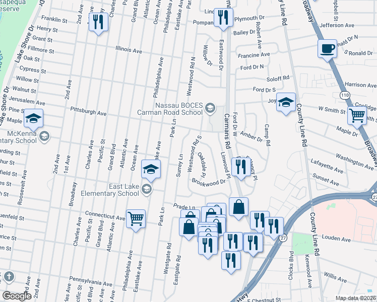 map of restaurants, bars, coffee shops, grocery stores, and more near 34 Surrey Lane in Massapequa Park