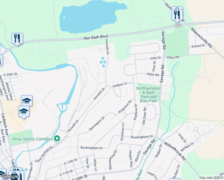 map of restaurants, bars, coffee shops, grocery stores, and more near 201 Hollow Lane in Northampton