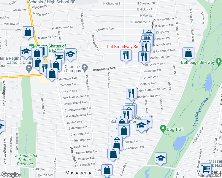 map of restaurants, bars, coffee shops, grocery stores, and more near 680 Franklin Avenue in Massapequa