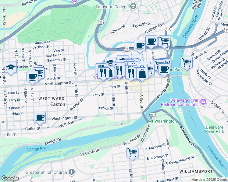 map of restaurants, bars, coffee shops, grocery stores, and more near 50 South 5th Street in Easton