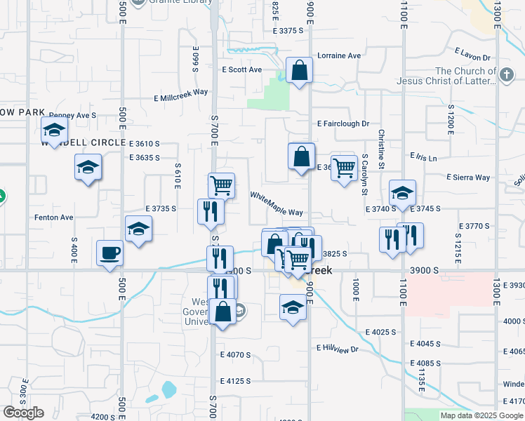 map of restaurants, bars, coffee shops, grocery stores, and more near 3744 South 810 East Street in Millcreek