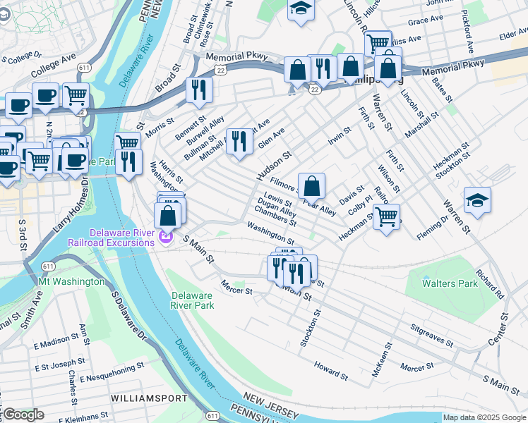 map of restaurants, bars, coffee shops, grocery stores, and more near 130 Hudson Street in Phillipsburg