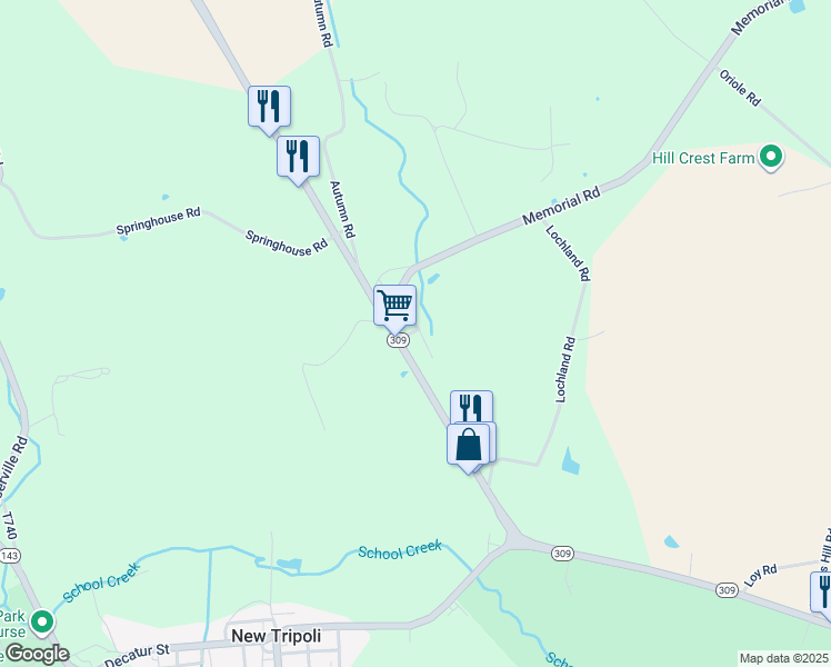 map of restaurants, bars, coffee shops, grocery stores, and more near 7099 Pennsylvania 309 in New Tripoli