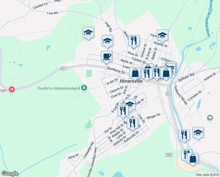 map of restaurants, bars, coffee shops, grocery stores, and more near 243 Middle Street in Minersville