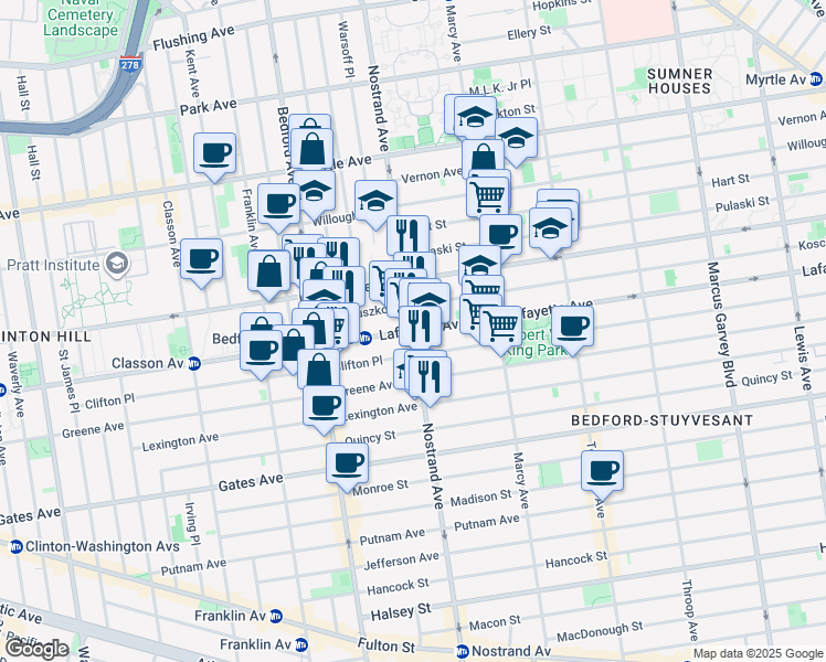 map of restaurants, bars, coffee shops, grocery stores, and more near Nostrand Ave & Lafayette Ave in Brooklyn