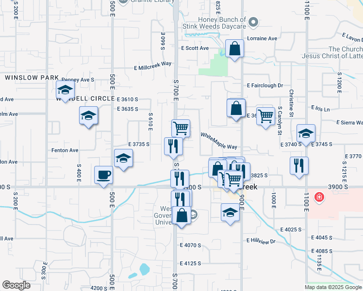 map of restaurants, bars, coffee shops, grocery stores, and more near 3712 South 700 East in South Salt Lake