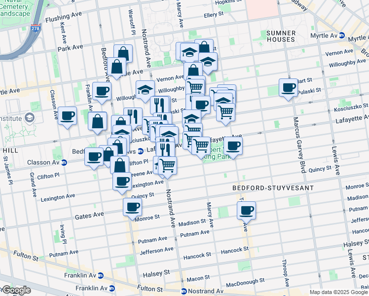 map of restaurants, bars, coffee shops, grocery stores, and more near 114 Kosciuszko Street in Brooklyn